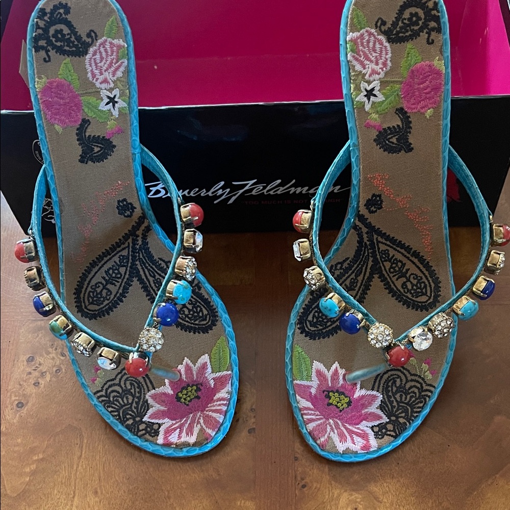Beverly Feldman Blue Beaded Floral Sandals